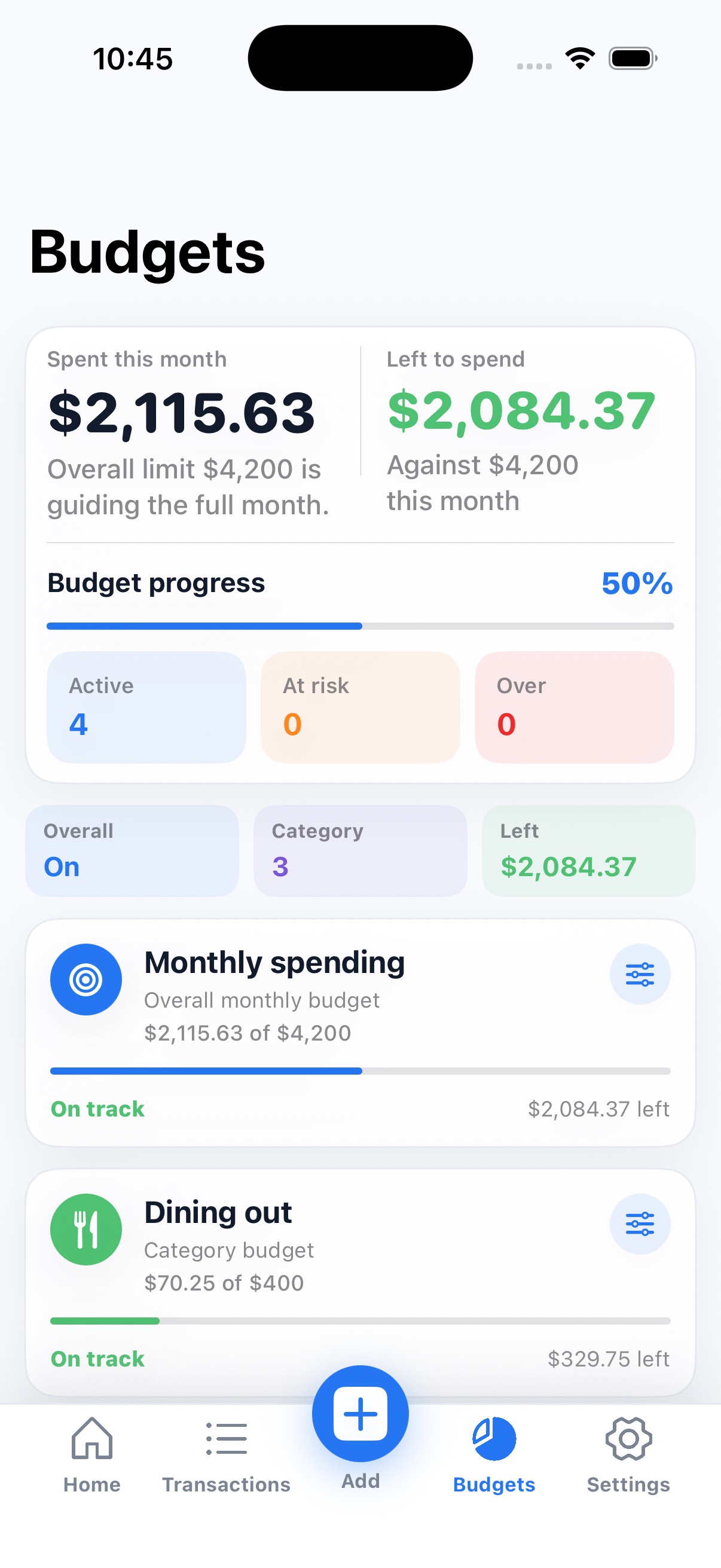 Budgets screen with overall monthly progress, category budgets, and remaining amounts
