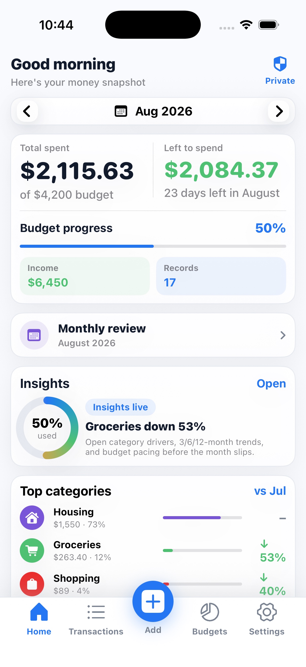 SpendNote home screen showing this month's spending, remaining budget, monthly review, insights, and top categories