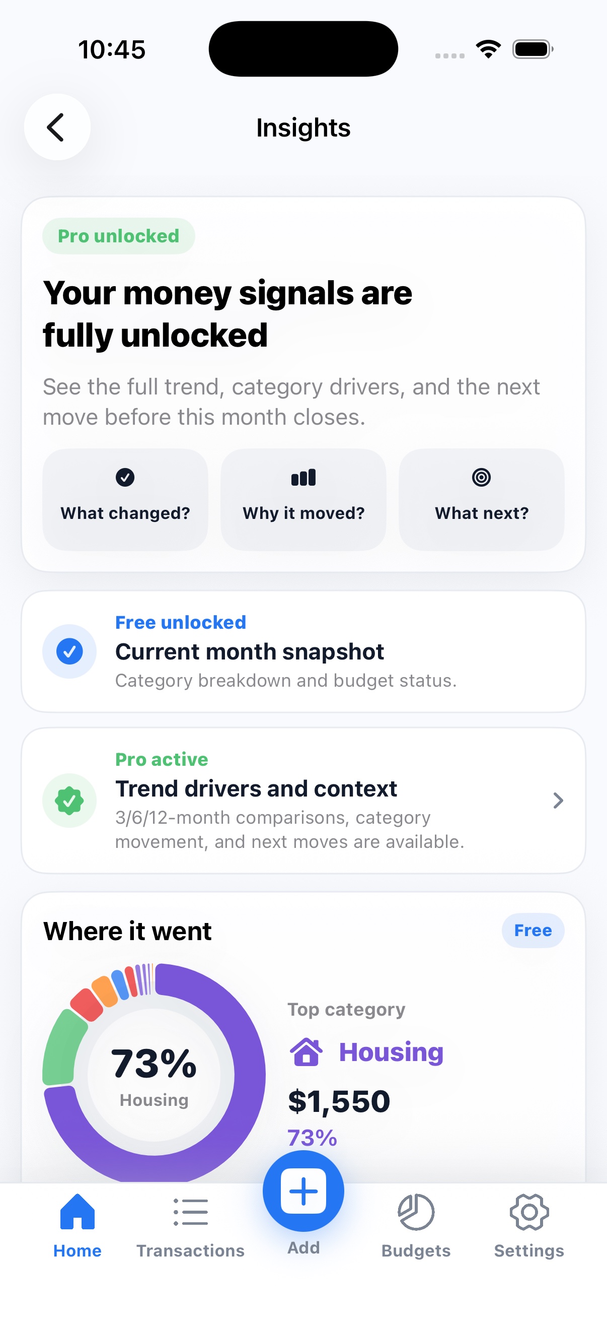 Insights overview showing a current-month snapshot, trend drivers, and category breakdown