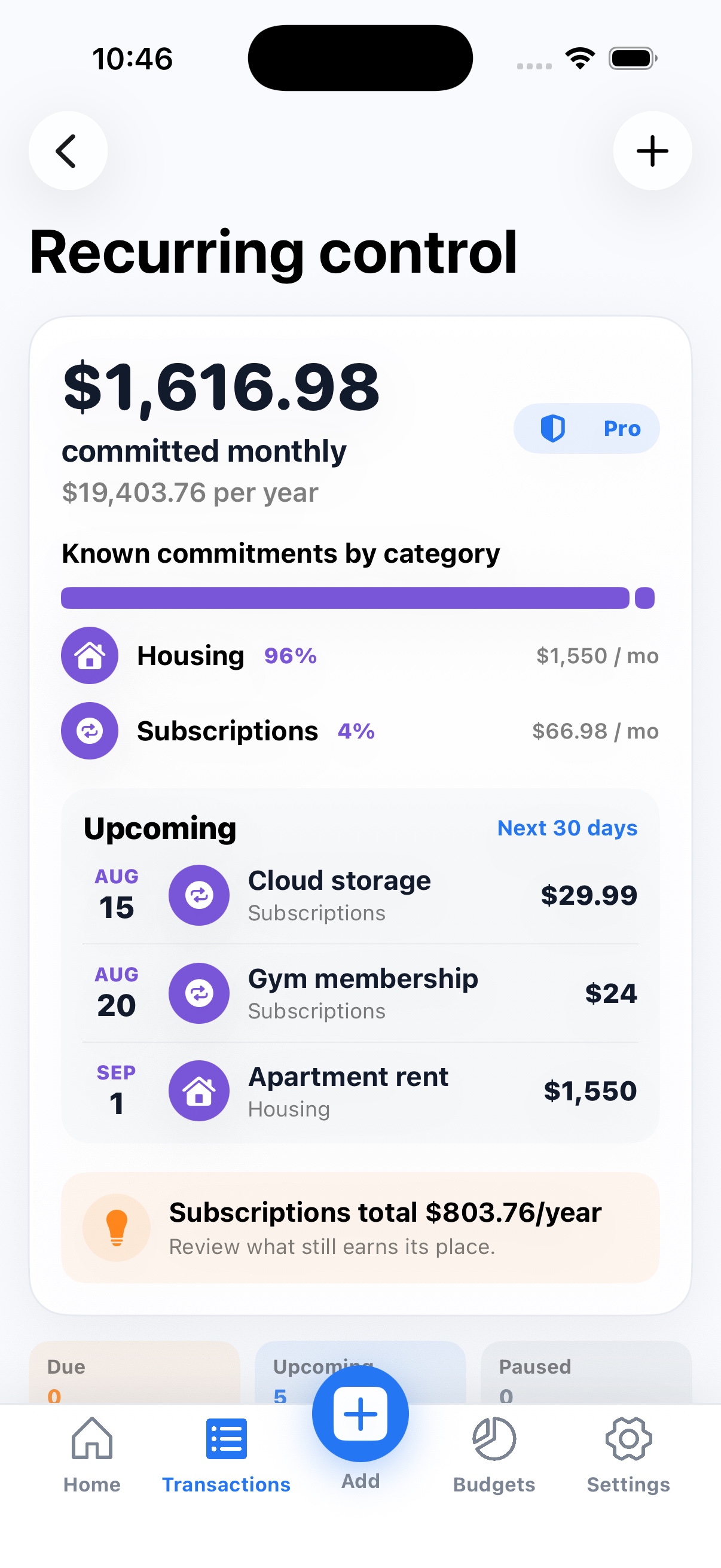 Recurring Control screen showing monthly and annual commitments, category shares, upcoming charges, and subscription totals