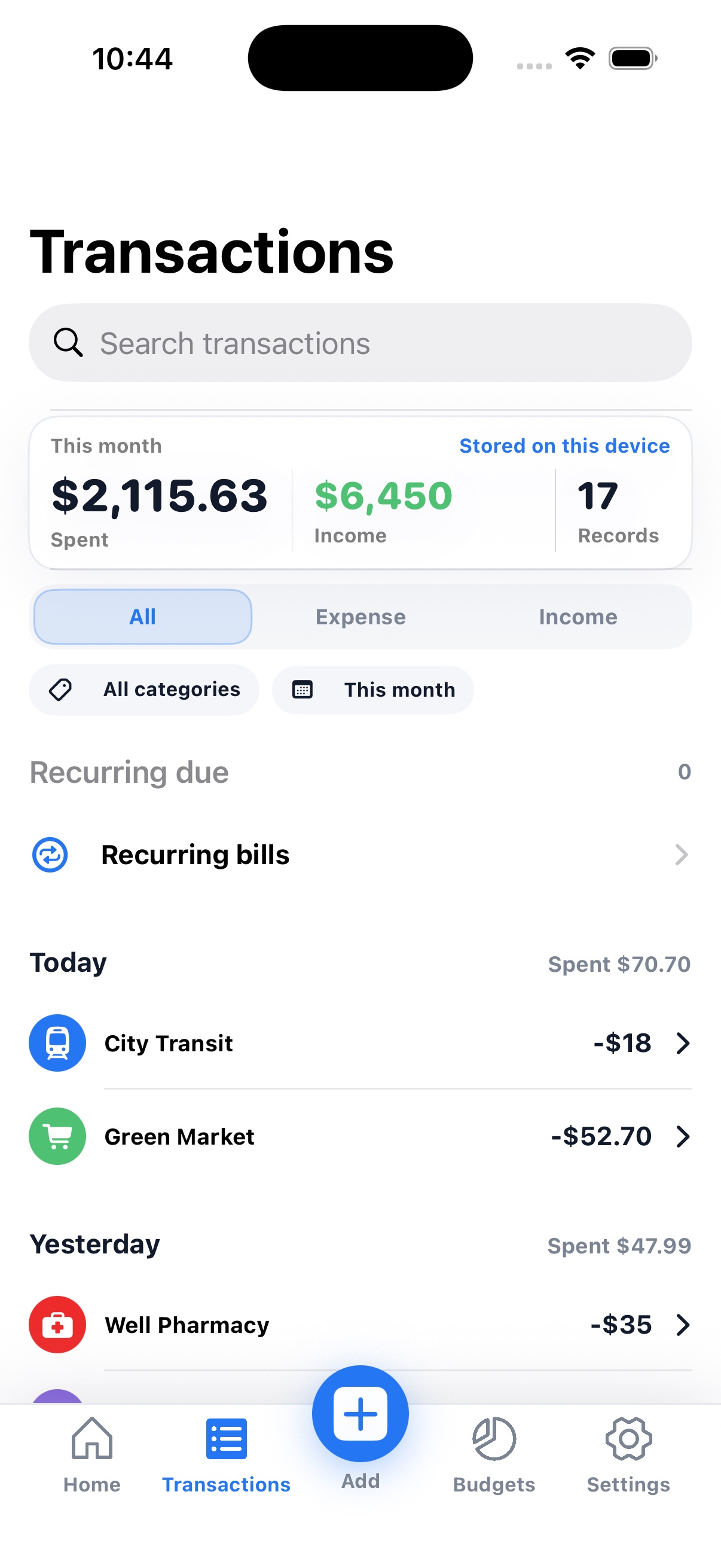 Transactions screen with search, type and category filters, recurring bills, and a list grouped by day